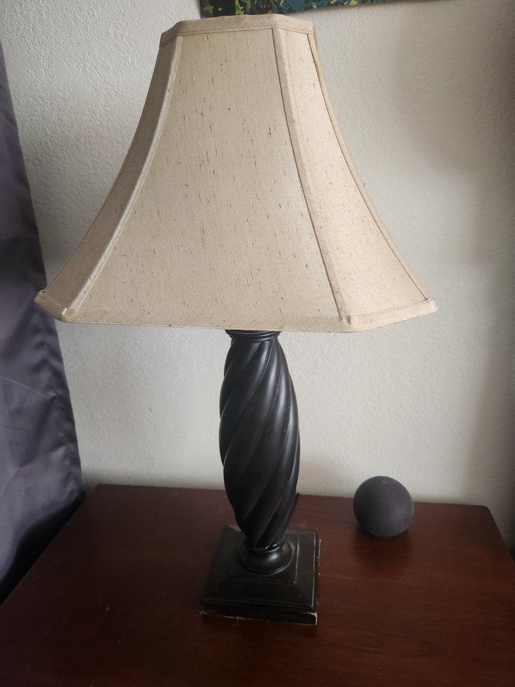 Two Matching Traditional Dark Wood Spiral Table Lamp with Beige Fabric Shade