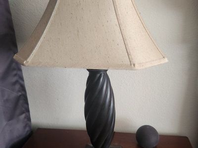 Two Matching Traditional Dark Wood Spiral Table Lamp with Beige Fabric Shade