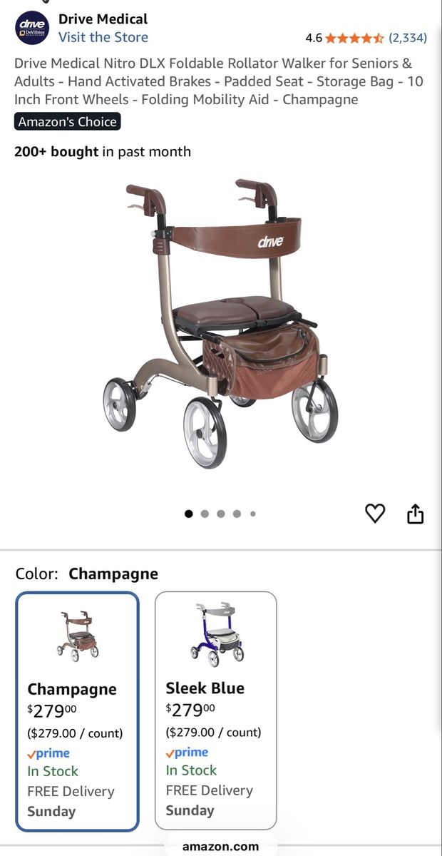 Drive Medical Nitro DLX Foldable Rollator Walker for Seniors - Champagne - Padded Seat & Storage Bag