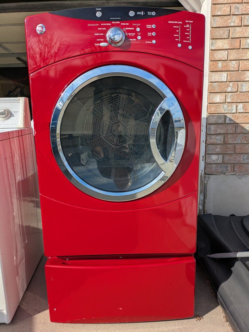 GE Red Electric Dryer with Pedestal Storage - Front Load, Sensor Dry