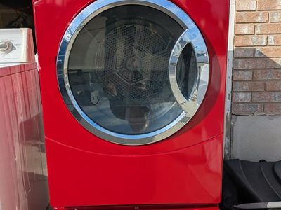 GE Red Electric Dryer with Pedestal Storage - Front Load, Sensor Dry