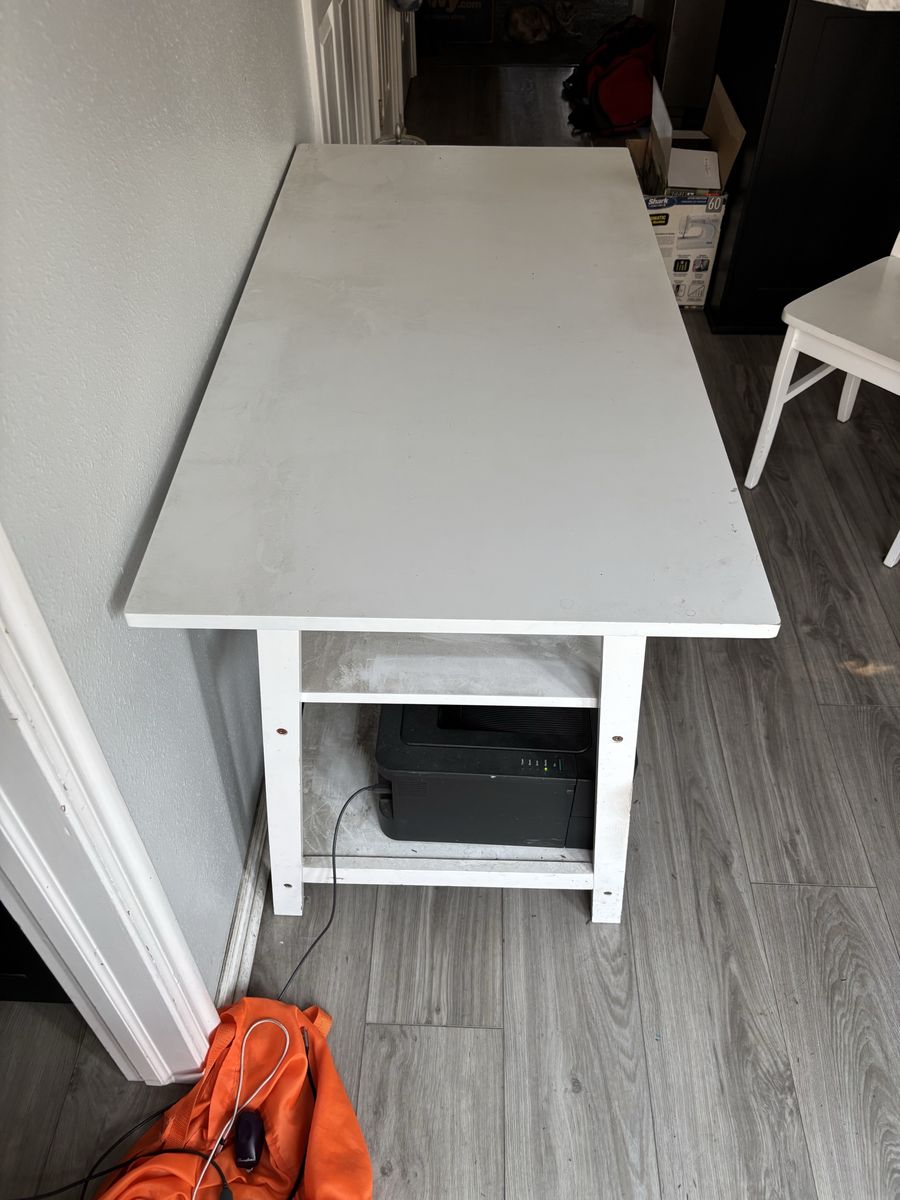 White Wooden Writing Desk with Built-in Side Shelves and Matching Wooden Chair Set