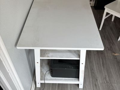White Wooden Writing Desk with Built-in Side Shelves and Matching Wooden Chair Set