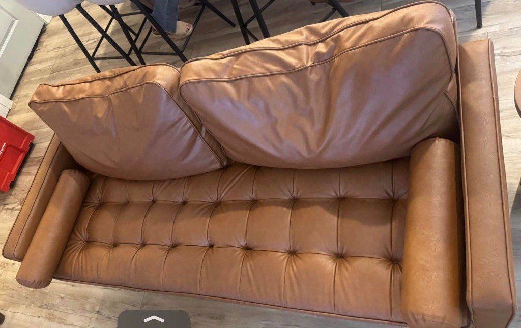 Leather Sofa, Mid-Century Modern Genuine Leather Sofa, 3 Seater Comfy Couch for Living Room Home Office -Brown Leather