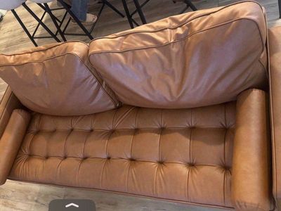Leather Sofa, Mid-Century Modern Genuine Leather Sofa, 3 Seater Comfy Couch for Living Room Home Office -Brown Leather