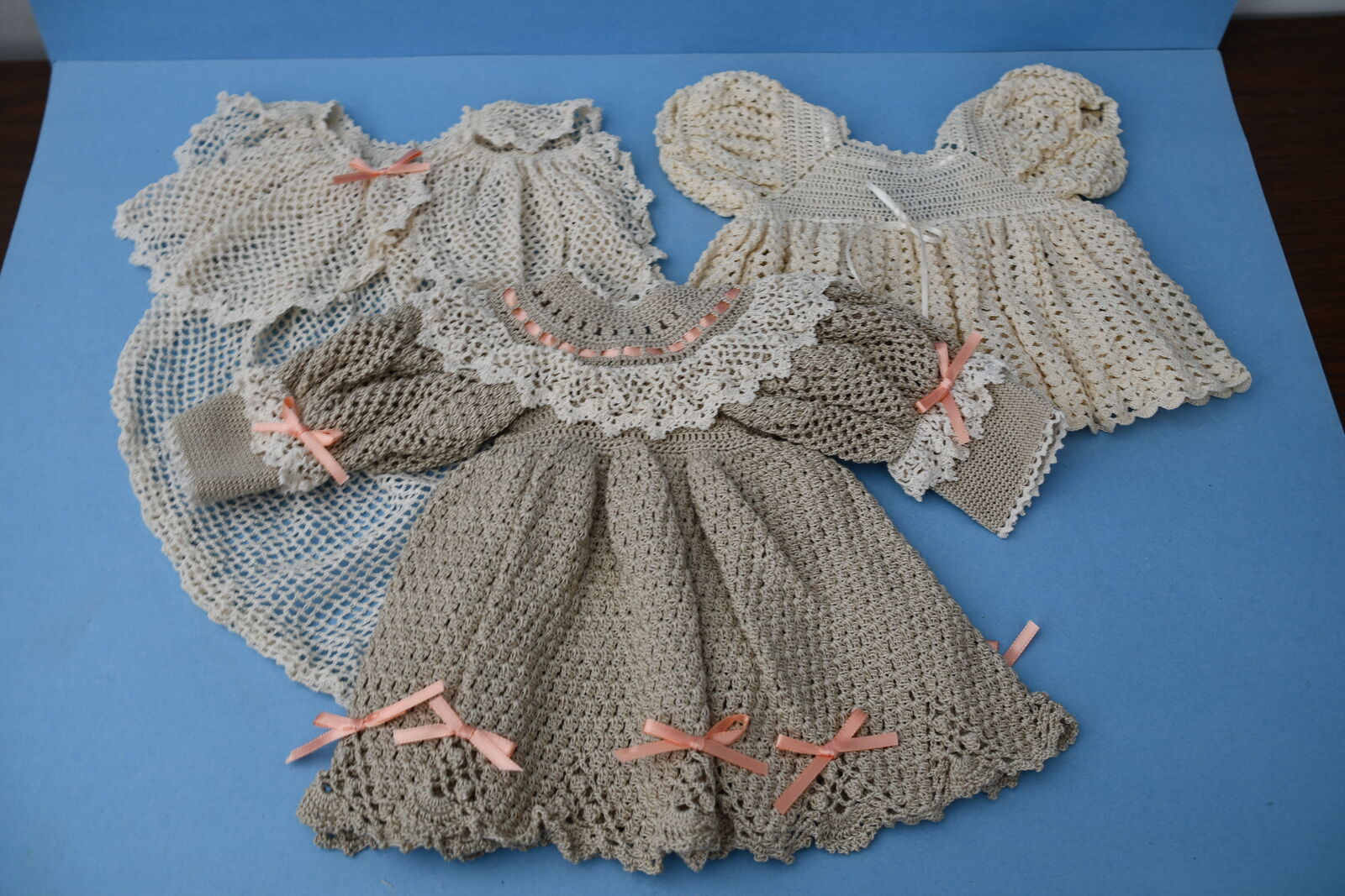 2 VINTAGE CROCHET DOLL DRESSES + CROCHET CAPE ~ HANDMADE ~ BEAUTIFUL!