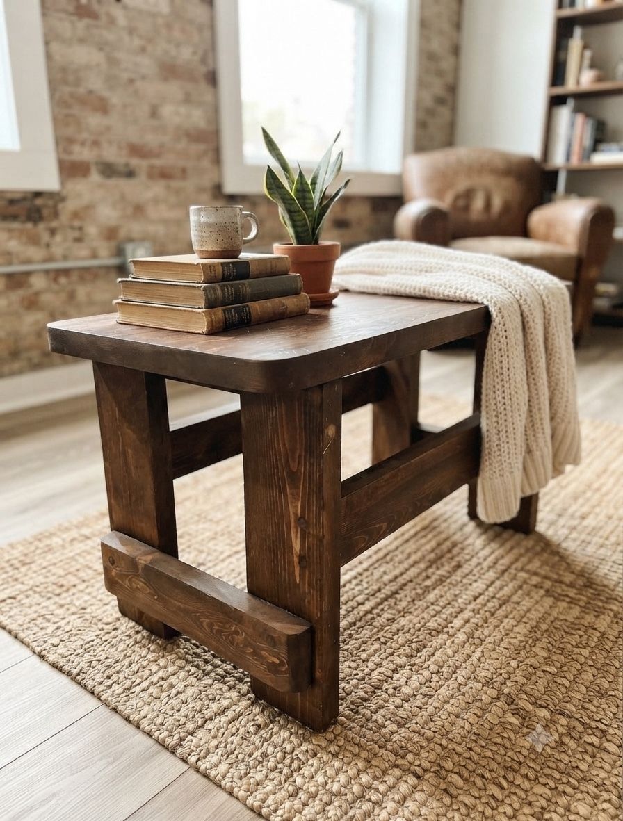 Handmade Dark Wood Square End Table / Side Table