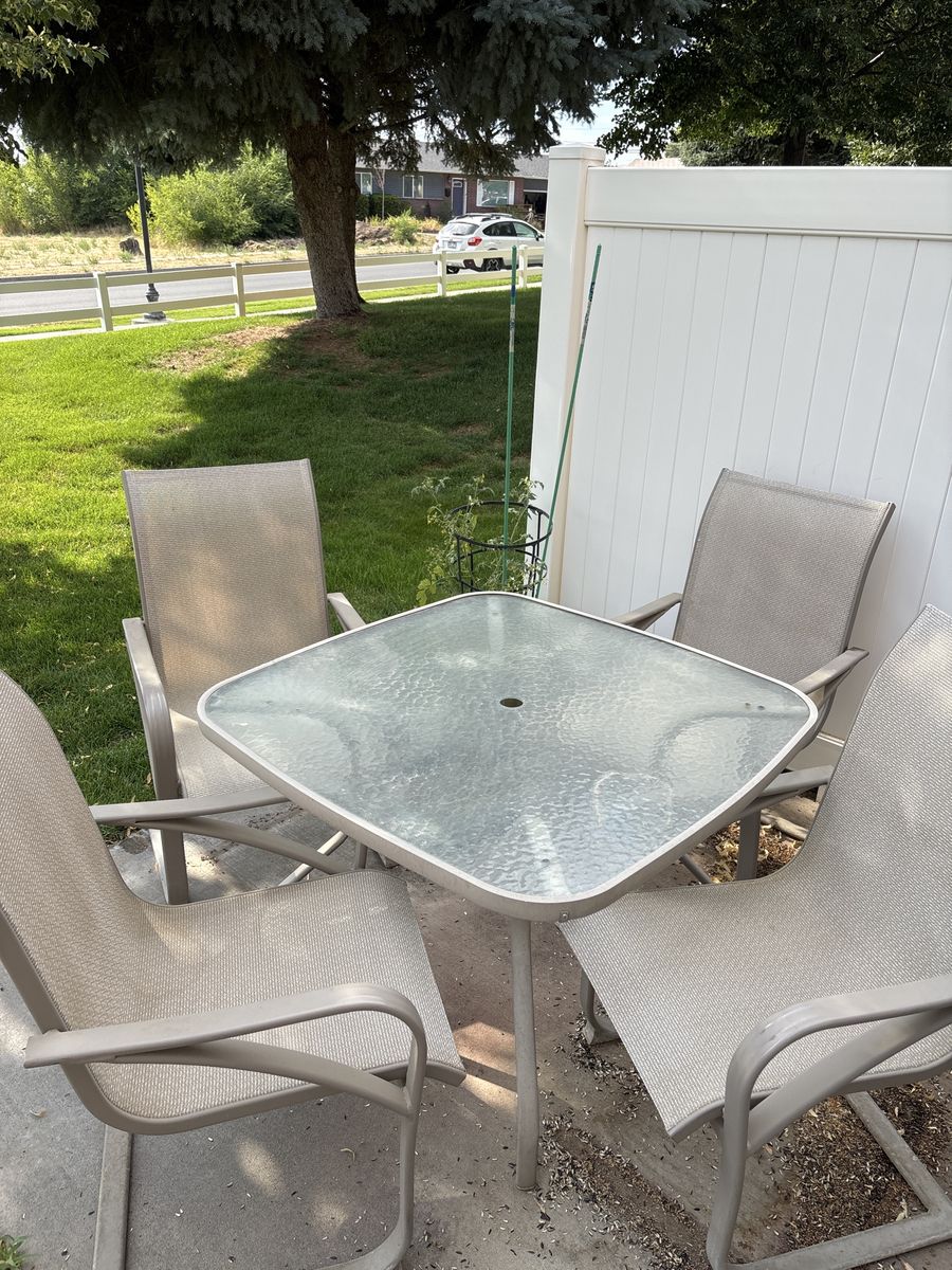 Outdoor Patio Dining Set: Square Glass Table & 4 Beige Sling Chairs with Covers
