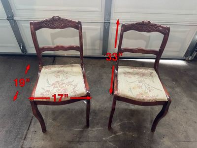 Early 20th century Vintage Wooden Dining Chairs - Set of 2 - Floral Upholstery - 33" Tall, 17" Seat Width carved wood