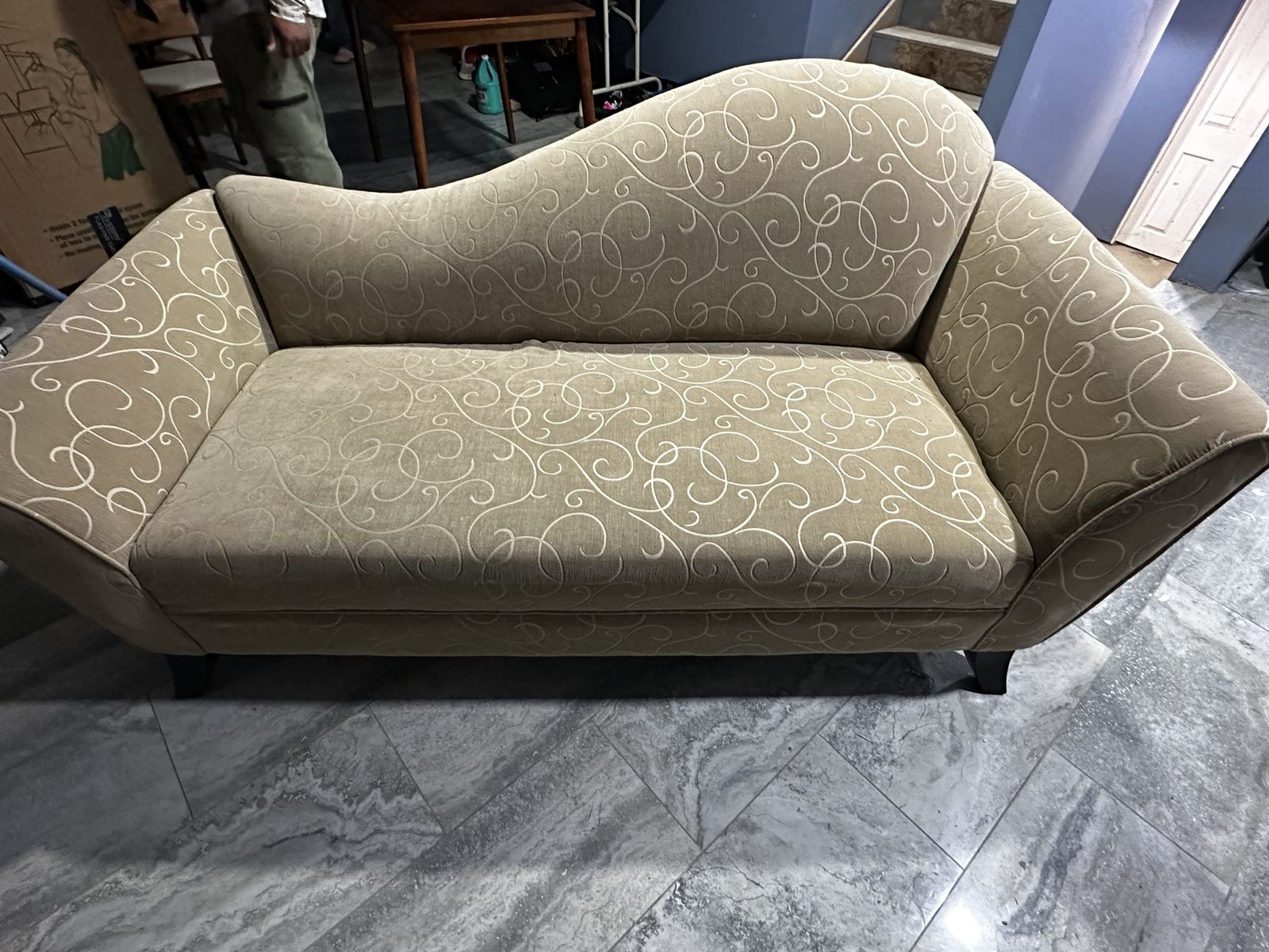 Tan and Cream Swirl Pattern Curved Back Sofa Couch 