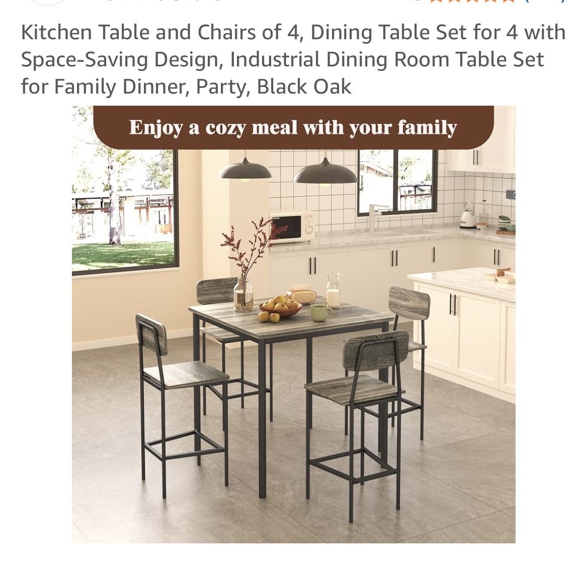 Industrial 5-Piece Dining Set with Square Table and 4 Counter-Height Chairs - Black Oak