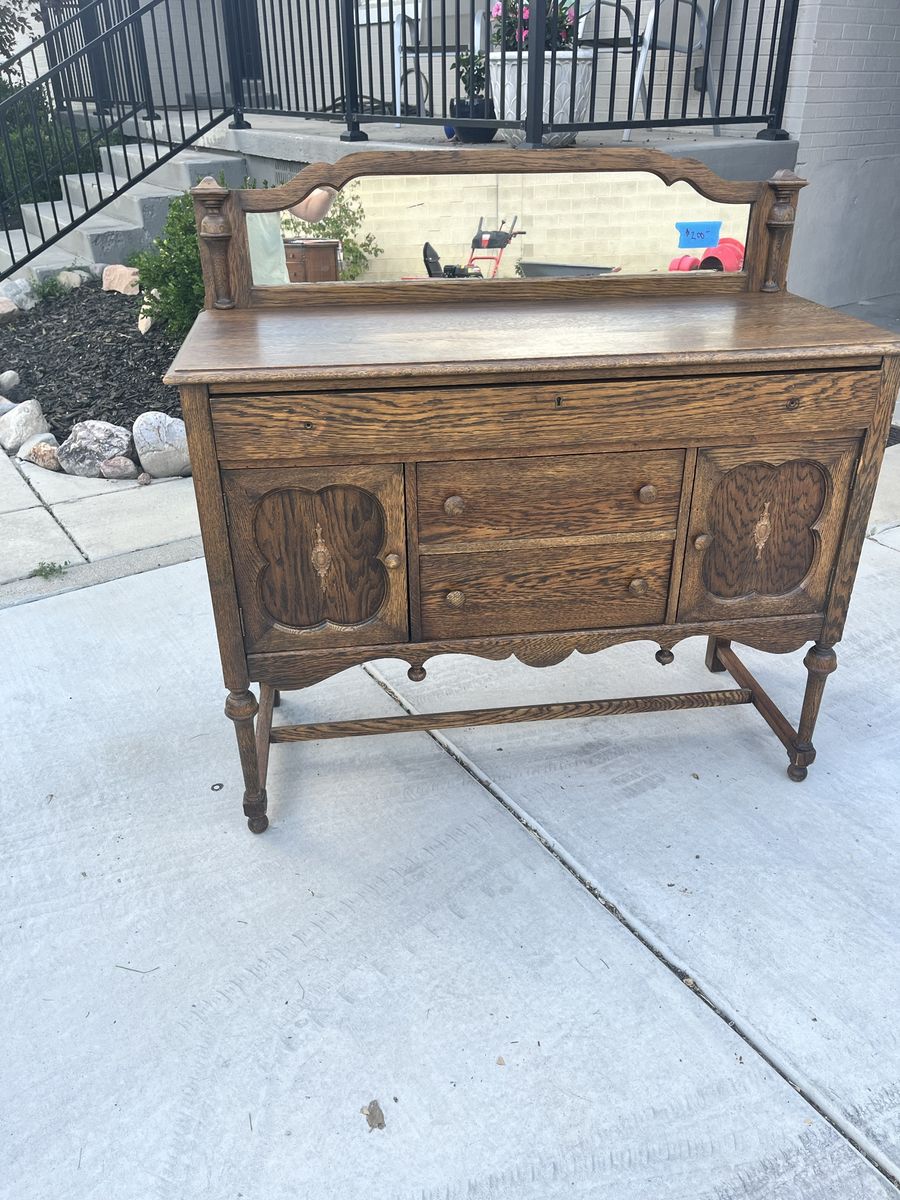 Antique Oak Sideboard Buffet Server with Mirror - Carved Details & Felt-Lined Drawer