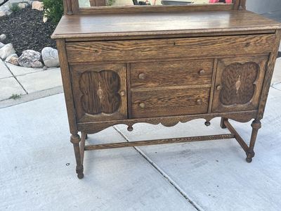Antique Oak Sideboard Buffet Server with Mirror - Carved Details & Felt-Lined Drawer