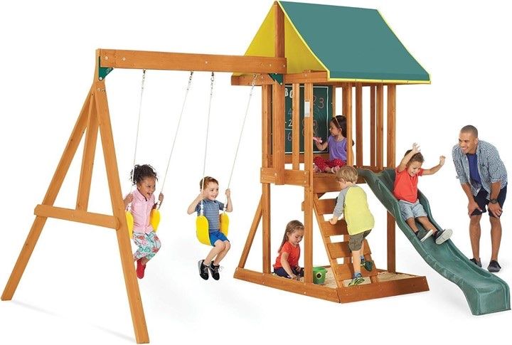 Backyard Play Center with Slide, Swings, and Climbing Wall