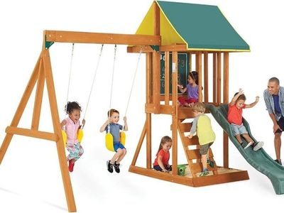 Backyard Play Center with Slide, Swings, and Climbing Wall