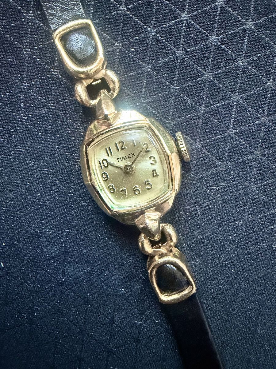 Timex Vintage Gold Tone Manual Women's Cocktail Watch Black Leather Tonneau Dial