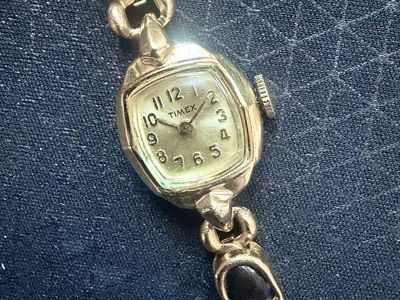 Timex Vintage Gold Tone Manual Women's Cocktail Watch Black Leather Tonneau Dial