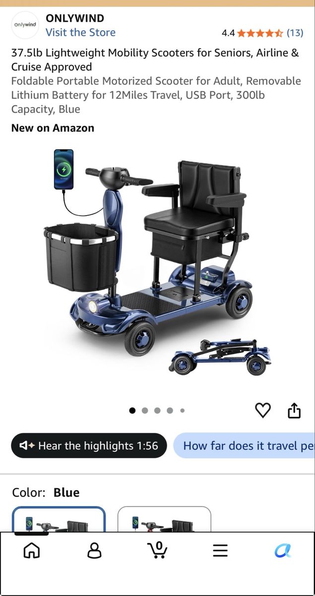 ONLYWIND 37.5lb Lightweight Mobility Scooter - Blue Foldable Portable Motorized Scooter