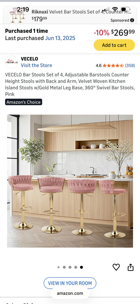 Pink velvet barstools set-set of 4