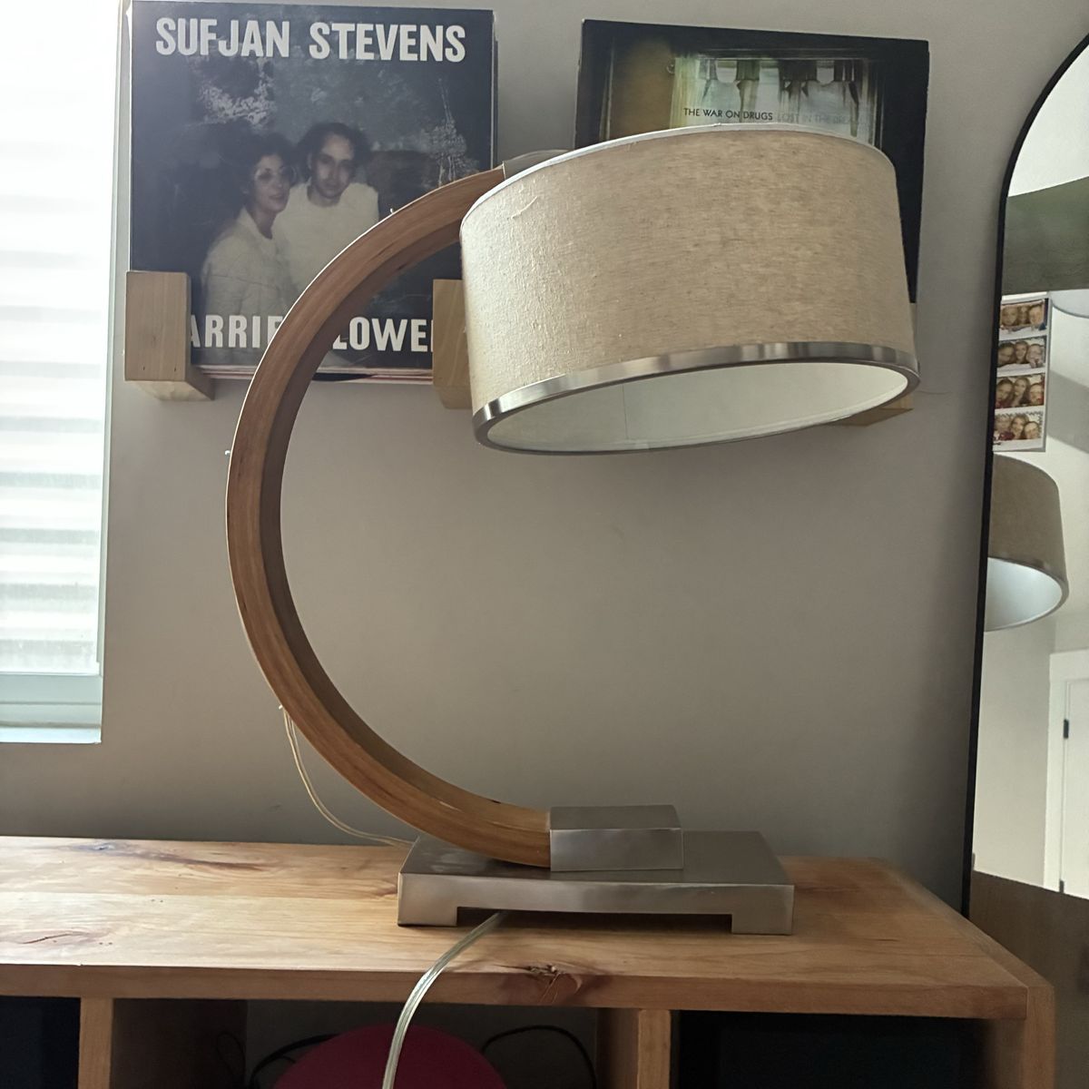 Modern Curved Bentwood & Brushed Metal Arc Table Lamp with Fabric Shade