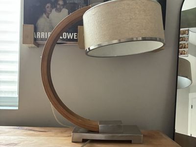 Modern Curved Bentwood & Brushed Metal Arc Table Lamp with Fabric Shade