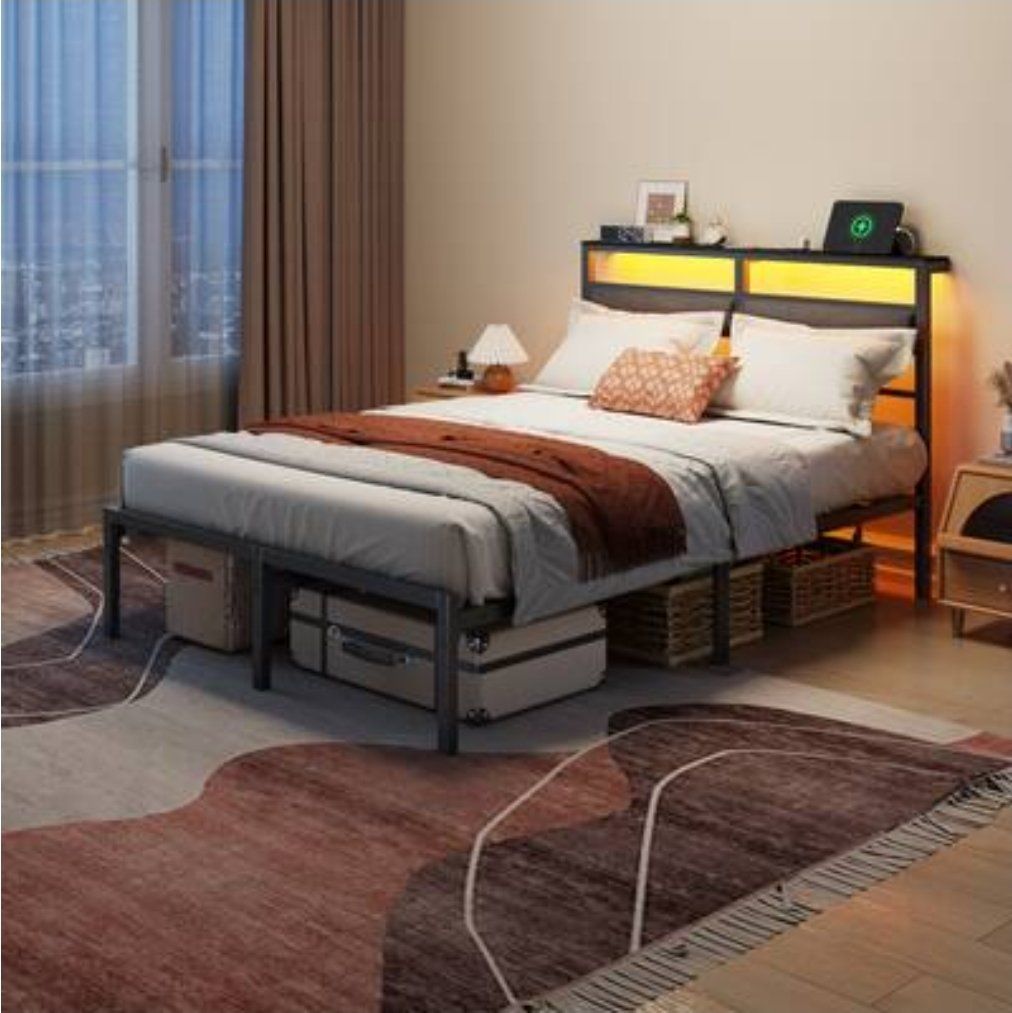 Full Size Metal Bed Frame with LED Headboard, USB & Power Outlets #511