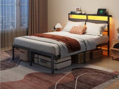 Full Size Metal Bed Frame with LED Headboard, USB & Power Outlets #511