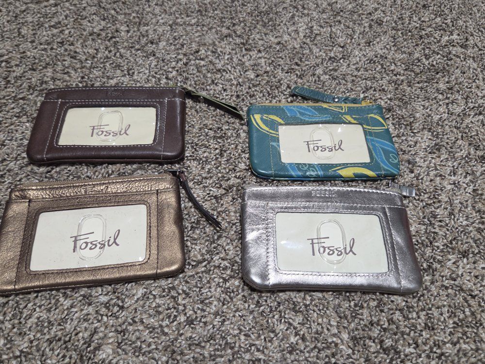 Lot of 4 Fossil ID Case Pouches Wallets Brown Teal Gold Silver