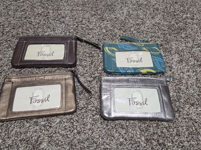 Lot of 4 Fossil ID Case Pouches Wallets Brown Teal Gold Silver