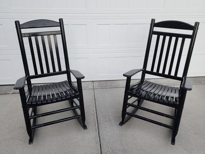 HAMPTON BAY PAIR OF BLACK WOODEN OUTDOOR PORCH ROCKING CHAIRS BLACK STURDY & EXCELLENT QUALITY