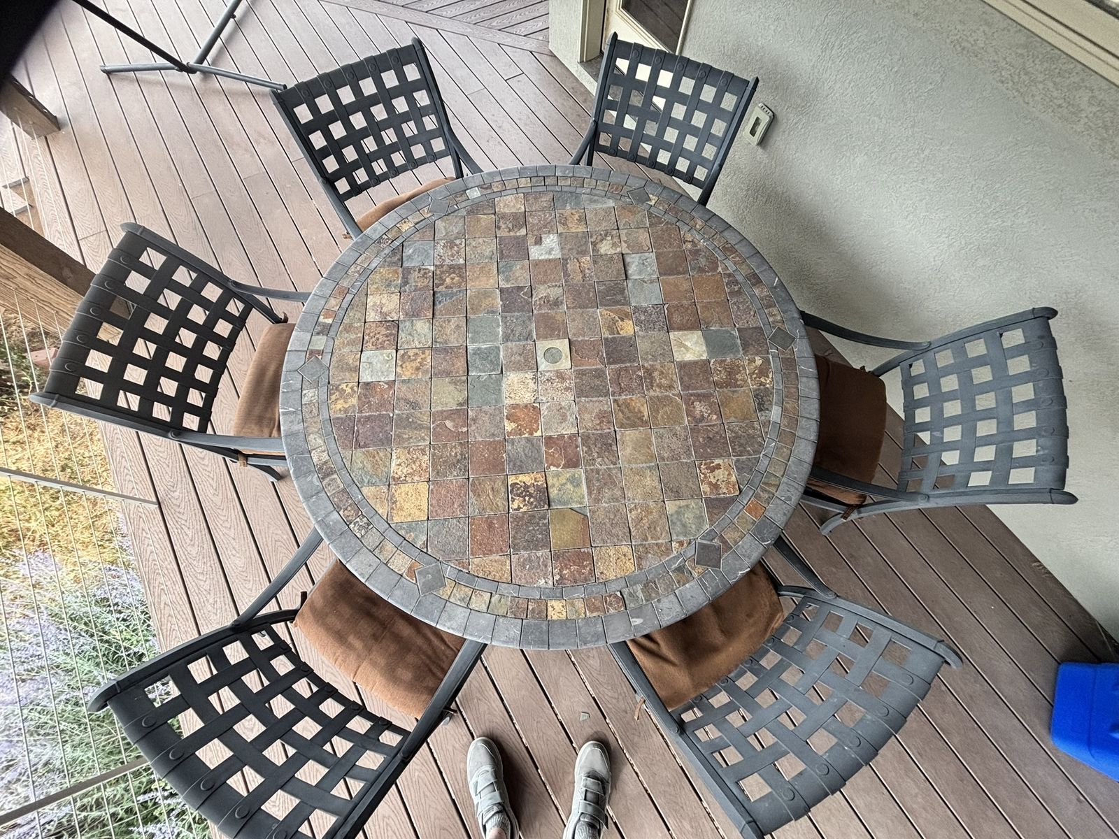 Outdoor Patio Dining Set - 64" Round Slate Tile Table & 6 Metal Chairs w/ Cushions
