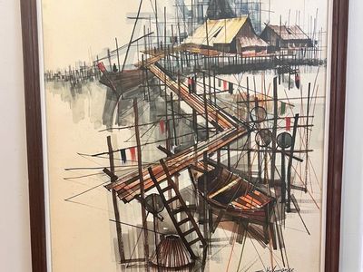 Mid-Century Modern Thai Fishing Village Original Watercolor Painting by Mu Kumanee - Framed