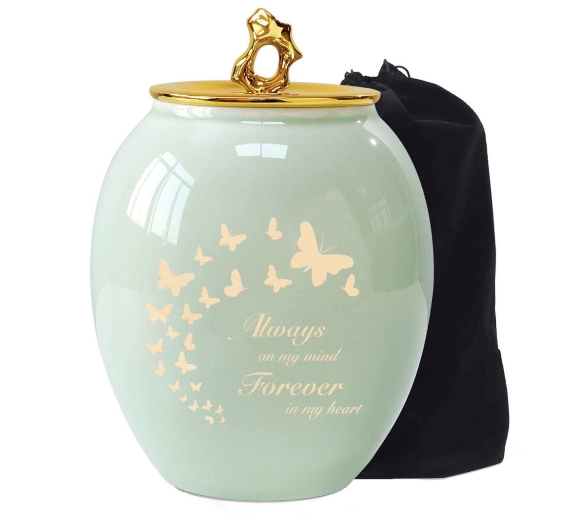 Ceramic Urn for Human or Pet Ashes - "Always on my mind Forever in my heart" - Mint Green w/ Gold Butterflies