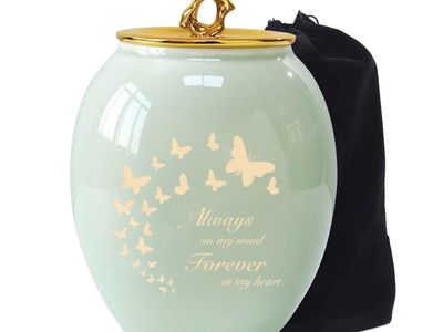 Ceramic Urn for Human or Pet Ashes - "Always on my mind Forever in my heart" - Mint Green w/ Gold Butterflies