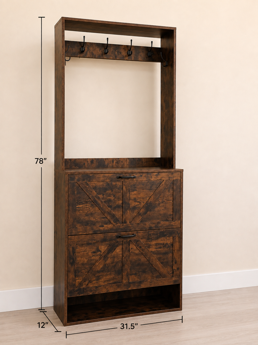 Rustic Farmhouse Hall Tree Entryway Bench with Shoe Storage & Coat Hooks – 78”