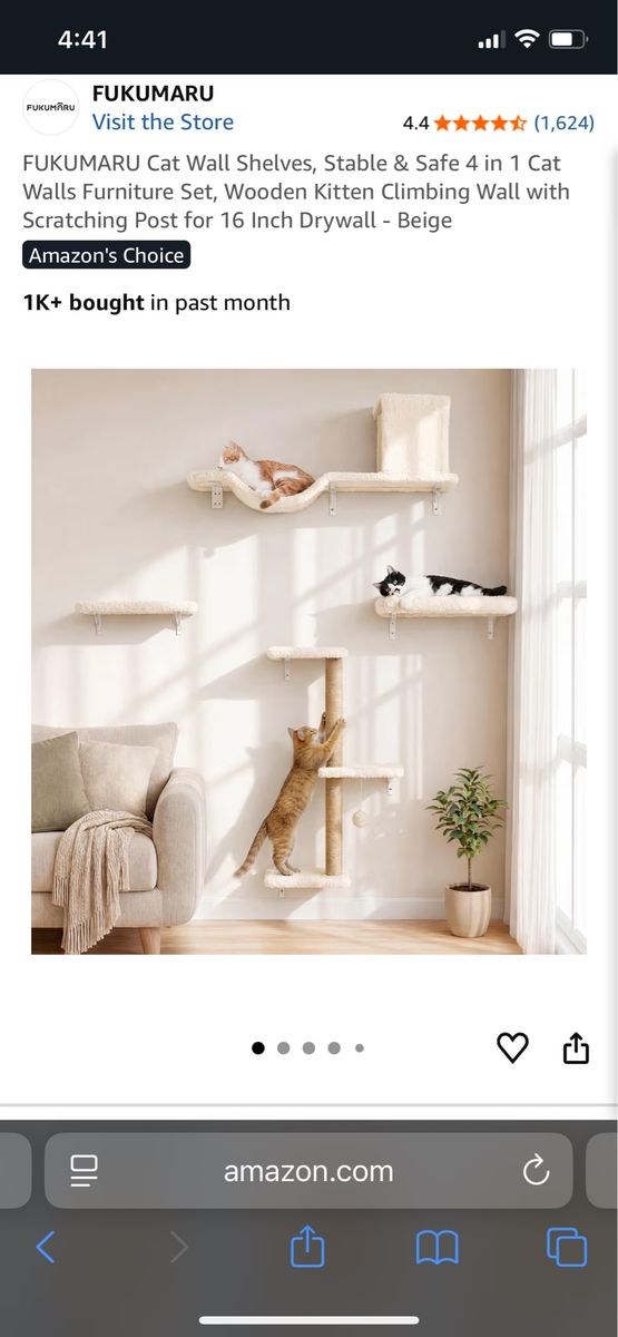 Cat Wall Shelves Set w/ Scratching Post - Beige Wooden Kitten Climbing Wall Furniture