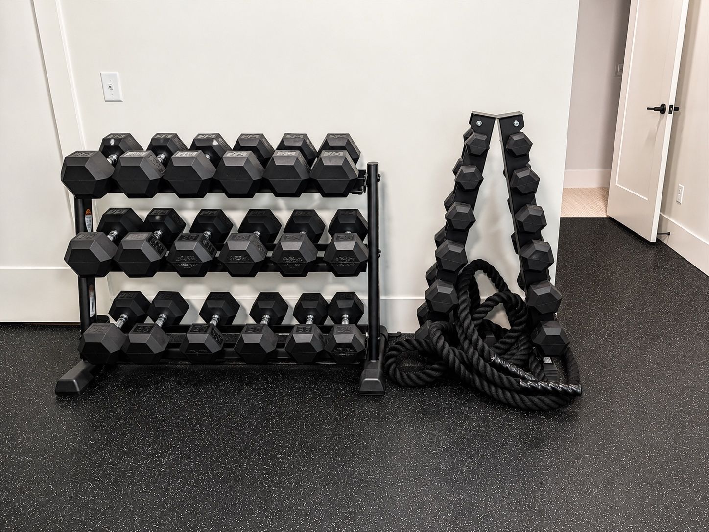 Commercial Hex Dumbbell Set (10-80 lbs), Racks, & Battle Ropes - Complete Home Gym