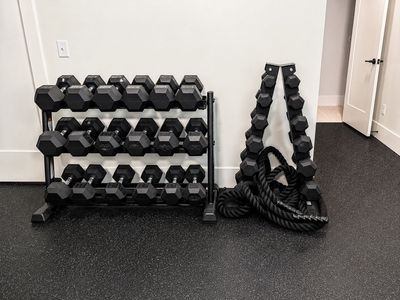 Commercial Hex Dumbbell Set (10-80 lbs), Racks, & Battle Ropes - Complete Home Gym