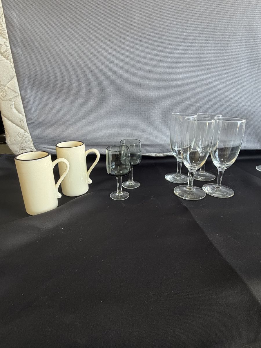 Assorted Glassware & Ceramic Mug Set - Wine Glasses, Brandy Snifters, Shot Glasses & Mugs