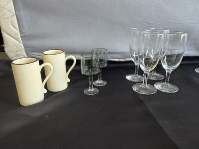 Assorted Glassware & Ceramic Mug Set - Wine Glasses, Brandy Snifters, Shot Glasses & Mugs