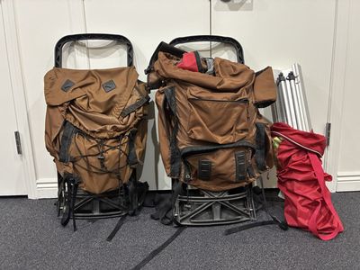2 Camp Trails Explorer External Frame Backpacks, aluminum table, misc supplies