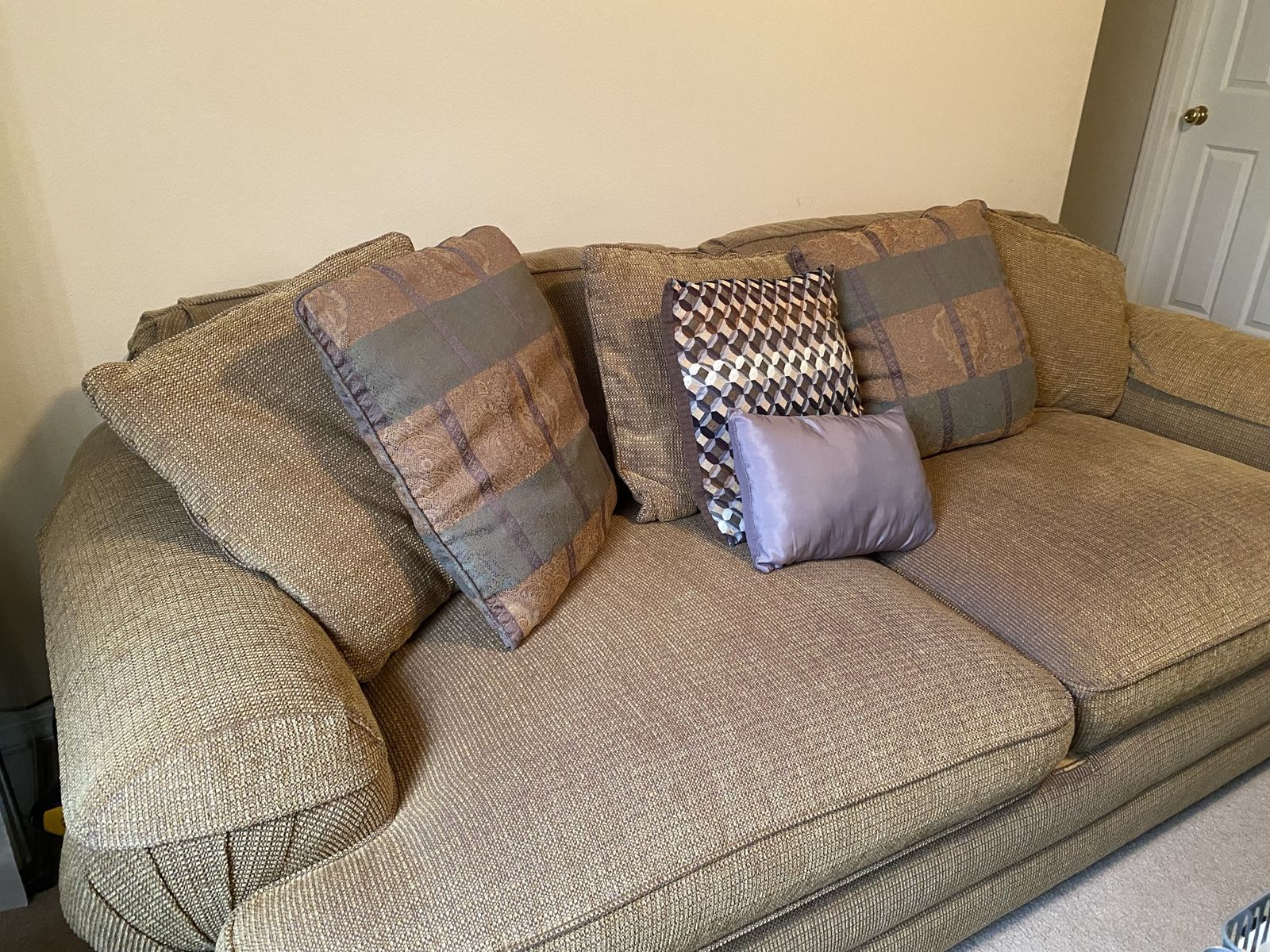 Cozy Brown Sofa and Matching Oversized Chair & Ottoman Set - Excellent Condition with Throw Pillows