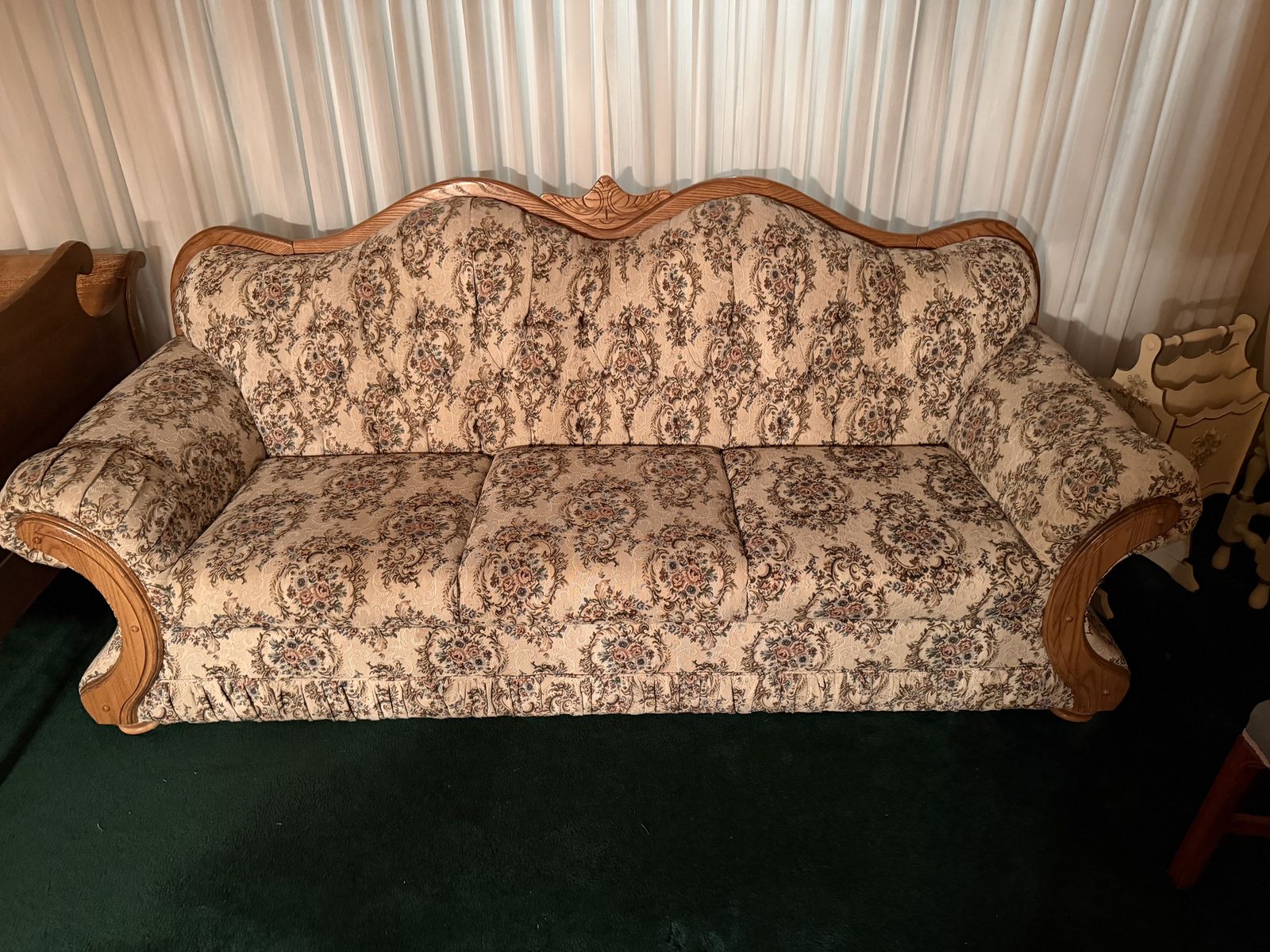 Beautiful Floral Couch with Carved Wood