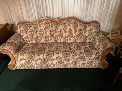 Beautiful Floral Couch with Carved Wood