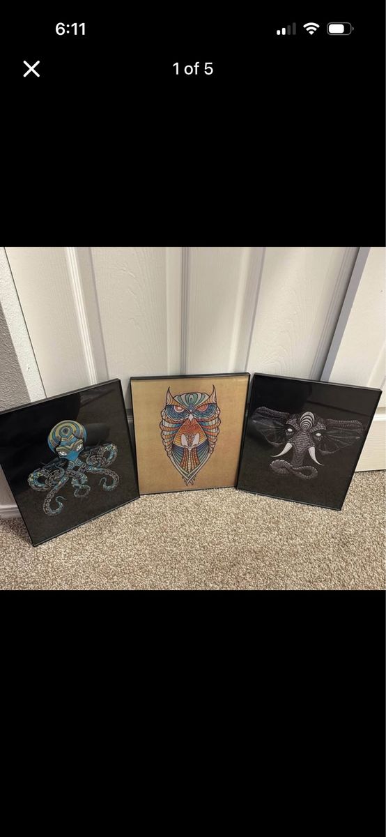 Set of 3 Framed Animal Art Prints - Owl, Octopus, and Elephant