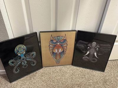 Set of 3 Framed Animal Art Prints - Owl, Octopus, and Elephant