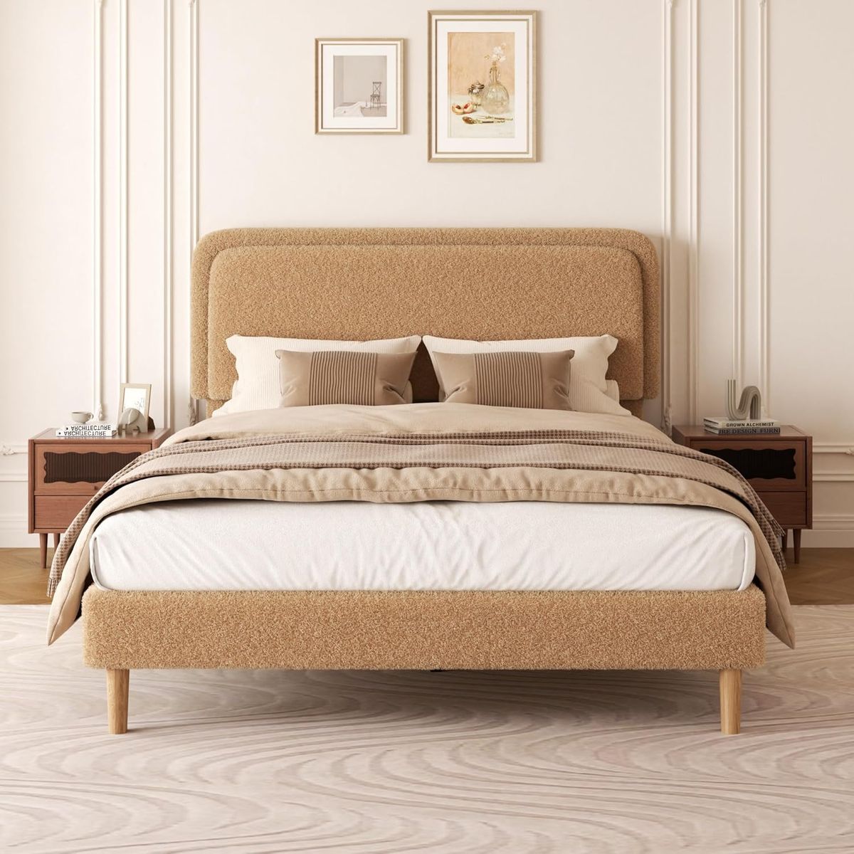 Brand New Full & Queen size Boucle Upholstered Platform Bed Frame with Adjustable Headboard