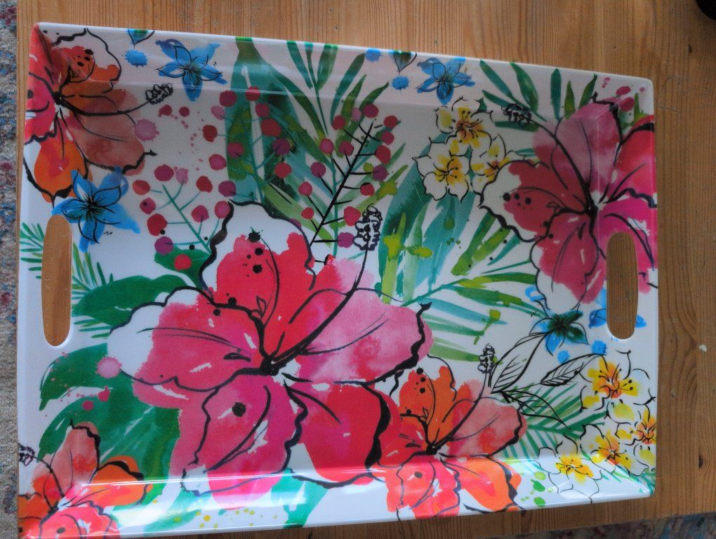 Tropical Floral Melamine Serving Tray with Handles - Vibrant Flowers & Leaves