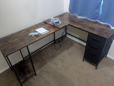 L-Shaped Corner Desk with Drawers - Brown Top & Black Frame