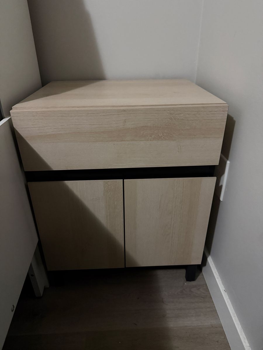 Modern Light Wood Grain Nightstand with Doors and Drawer